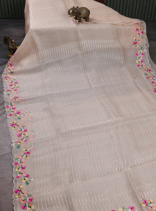 Pastel Peach Organza Embroidery Silk Saree