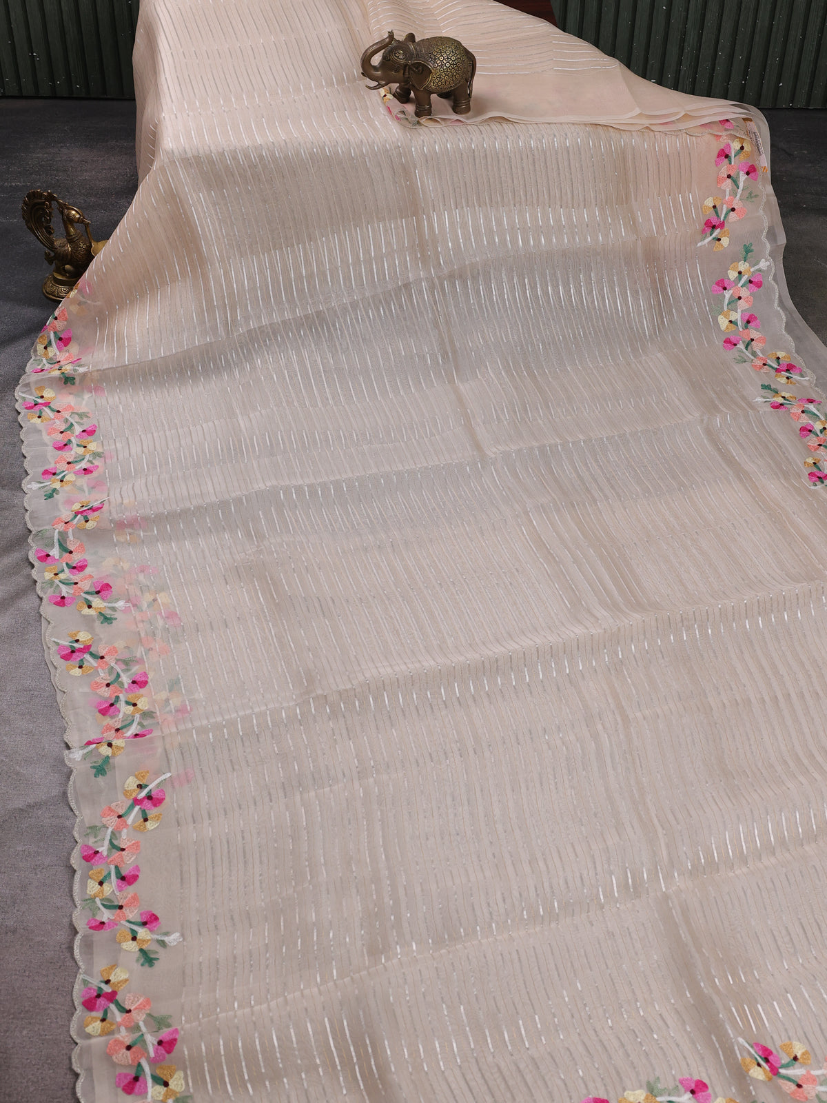 Pastel Peach Organza Embroidery Silk Saree