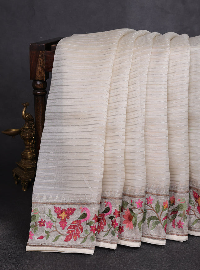 Off White Organza Embroidery Silk Saree