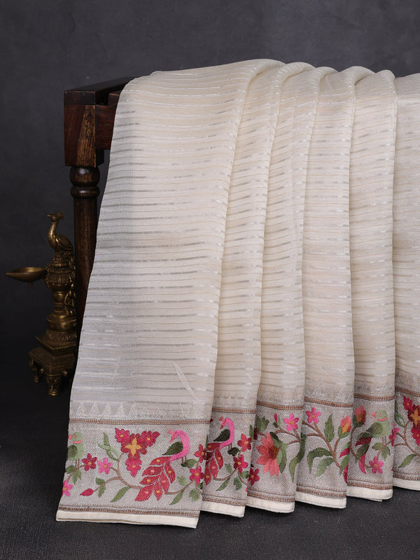 Off White Organza Embroidery Silk Saree