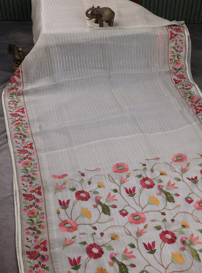 Off White Organza Embroidery Silk Saree