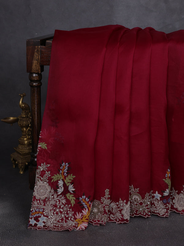 Red Organza Embroidery Silk Saree