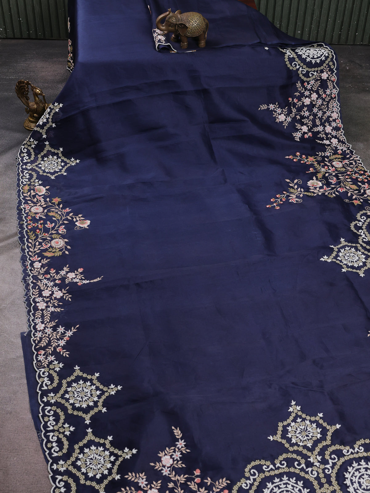Navy Blue Organza Embroidery Silk Saree