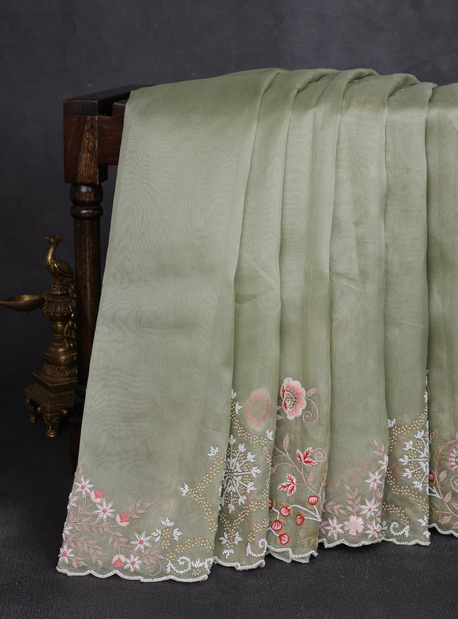 Pastel Green Organza Embroidery Silk Saree