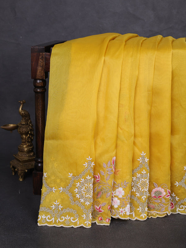 Yellow Tussar Embroidery Silk Saree