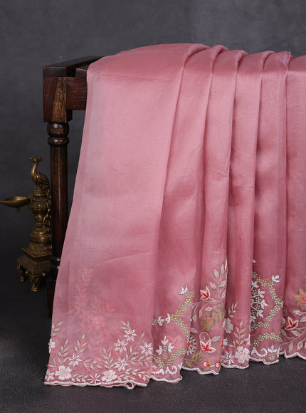 Dark Peach Organza Embroidery Silk Saree