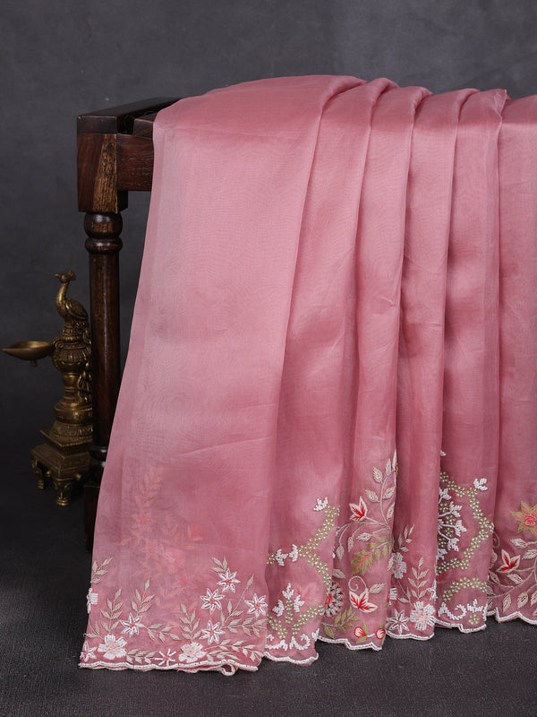 Dark Peach Organza Embroidery Silk Saree