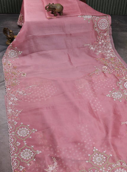 Dark Peach Organza Embroidery Silk Saree