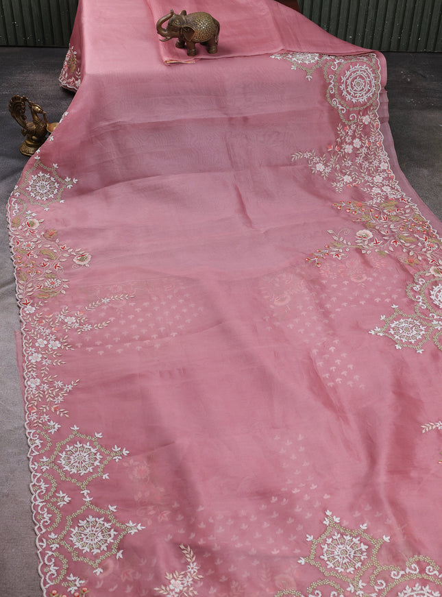 Dark Peach Organza Embroidery Silk Saree
