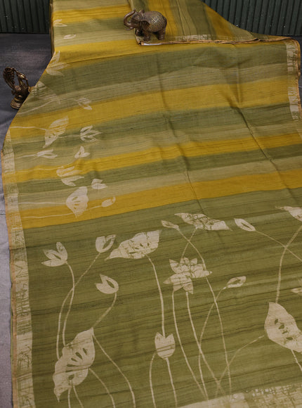 Olive Green Tussar Printed Silk Saree