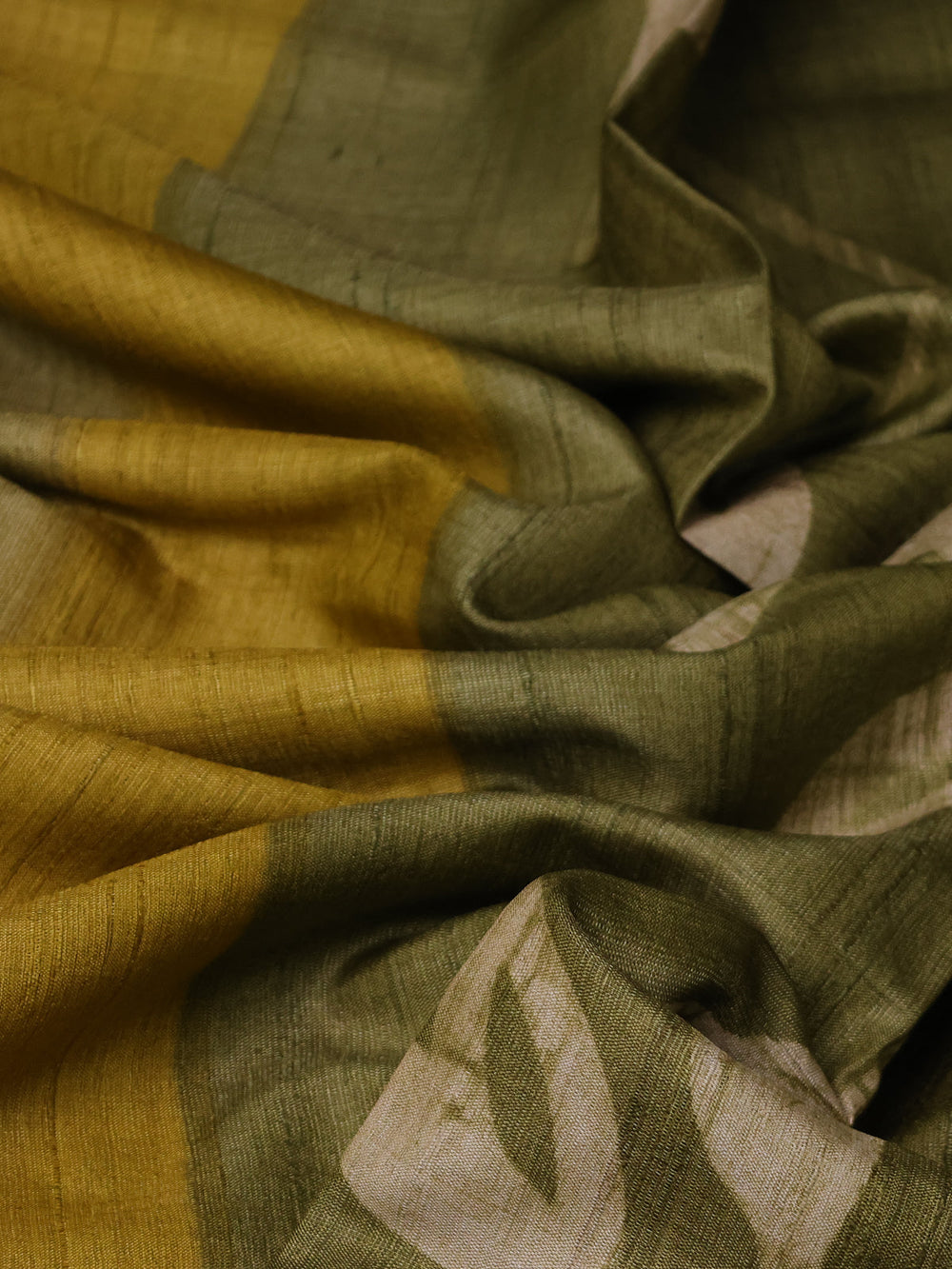 Olive Green Tussar Printed Silk Saree
