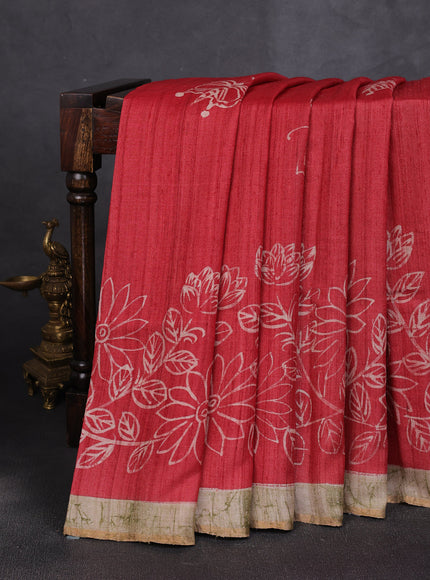 Red - Mehendi Green Tussar Printed Silk Saree