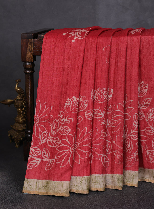 Red - Mehendi Green Tussar Printed Silk Saree
