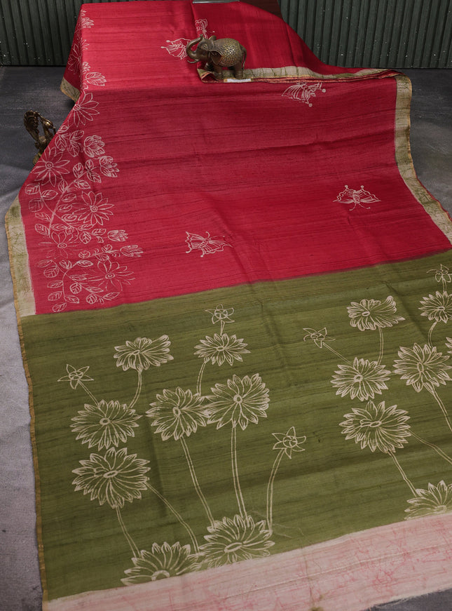 Red - Mehendi Green Tussar Printed Silk Saree