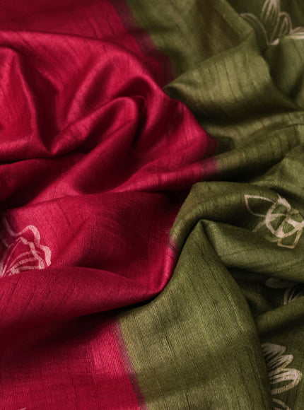 Red - Mehendi Green Tussar Printed Silk Saree