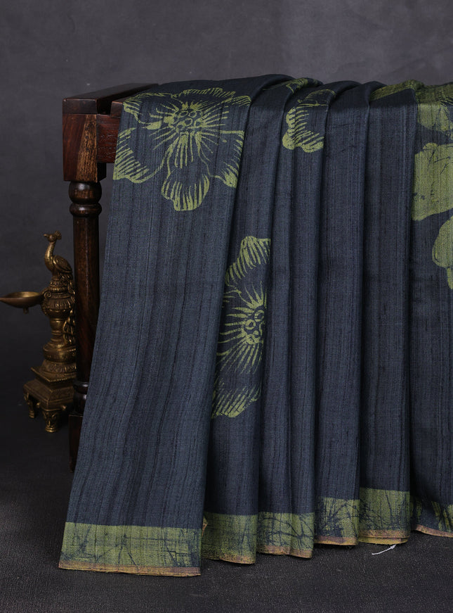 Dark Peacock Green - Pista Green Tussar Printed Silk Saree