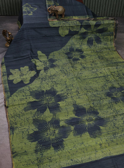 Dark Peacock Green - Pista Green Tussar Printed Silk Saree