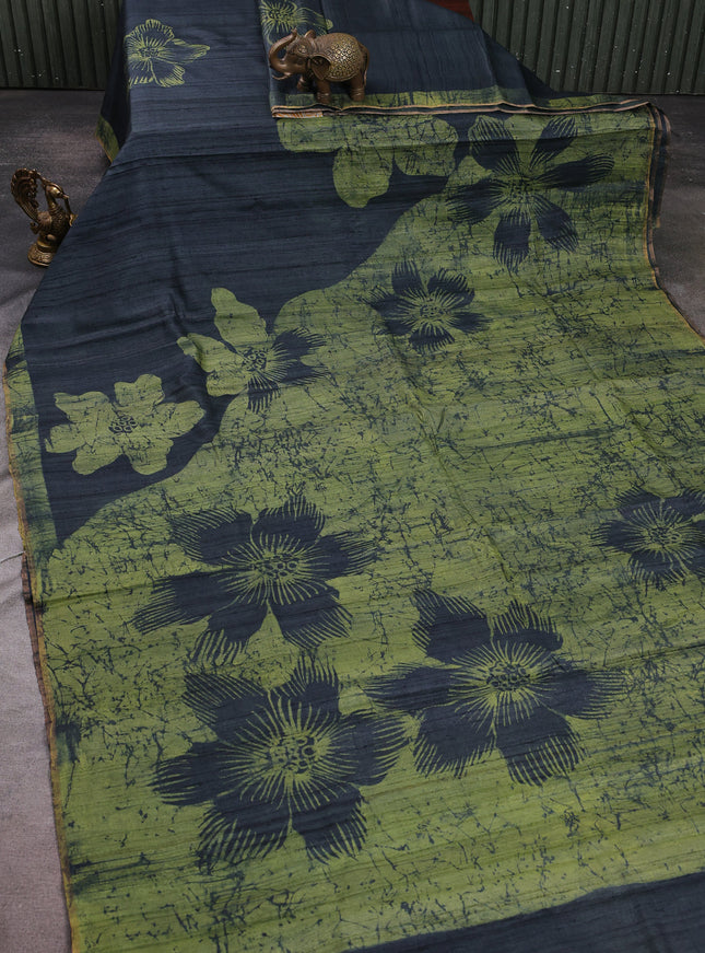 Dark Peacock Green - Pista Green Tussar Printed Silk Saree