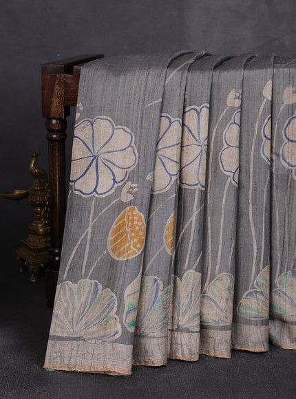 Grey Tussar Printed Silk Saree