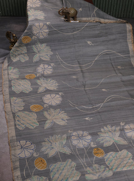 Grey Tussar Printed Silk Saree