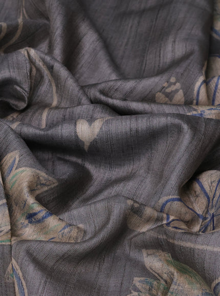 Grey Tussar Printed Silk Saree
