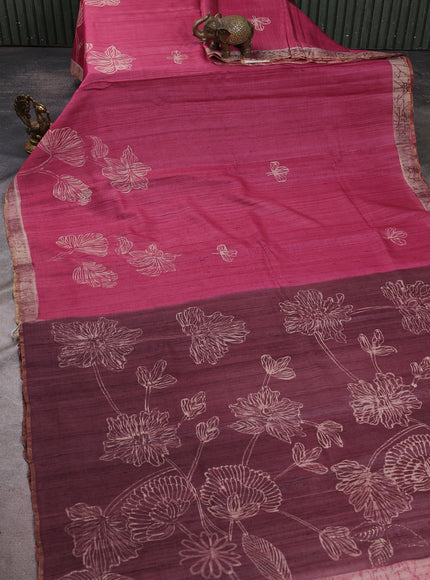 Pink - Wine Shade Tussar Printed Silk Saree