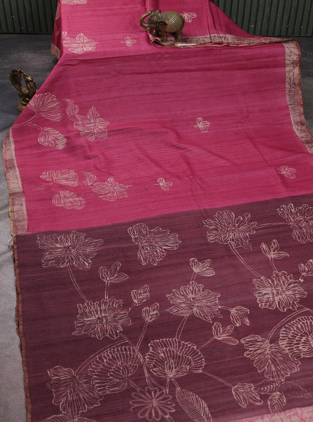 Pink - Wine Shade Tussar Printed Silk Saree