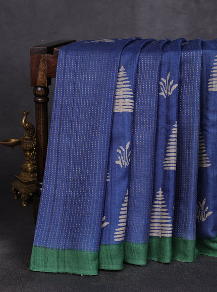 Blue - Green Tussar Printed Silk Saree