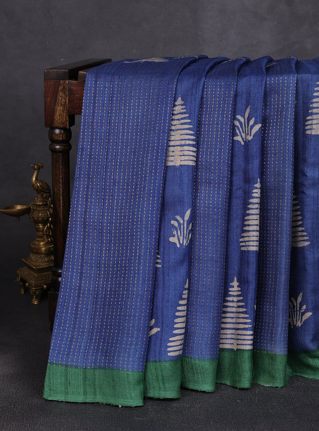 Blue - Green Tussar Printed Silk Saree