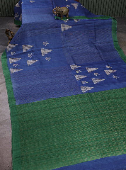 Blue - Green Tussar Printed Silk Saree