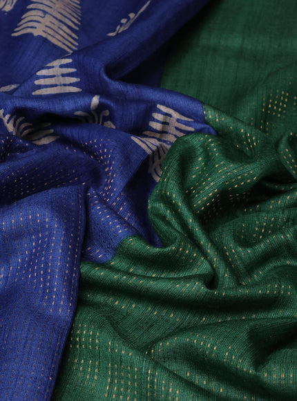 Blue - Green Tussar Printed Silk Saree