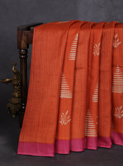 Rustic Orange - Pink Tussar Printed Silk Saree