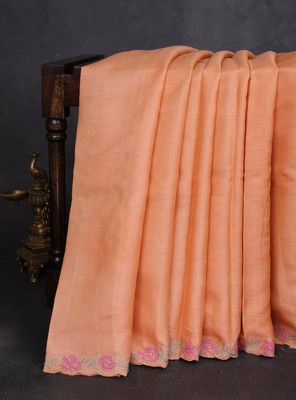 Light Orange Tussar Embroidery Silk Saree