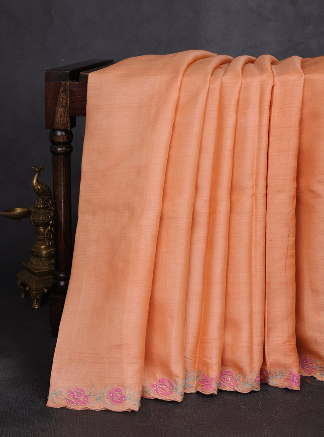 Light Orange Tussar Embroidery Silk Saree