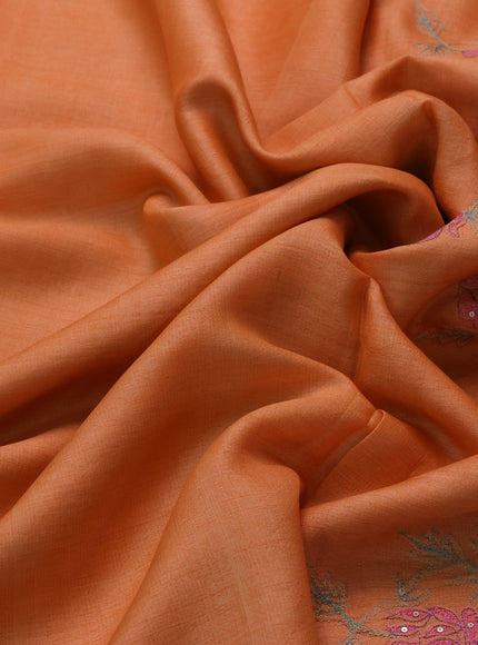 Light Orange Tussar Embroidery Silk Saree