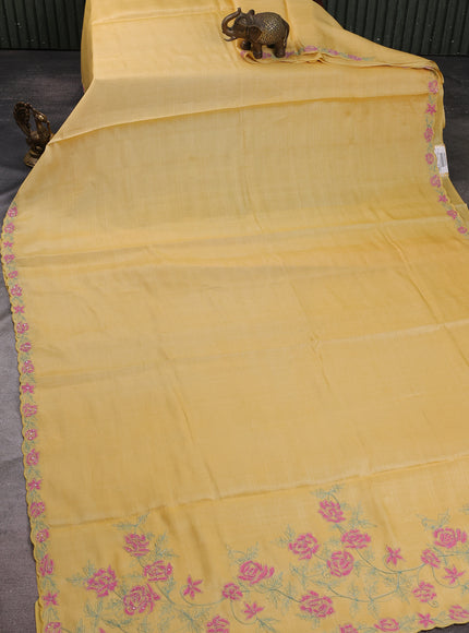 Yellow Tussar Embroidery Silk Saree