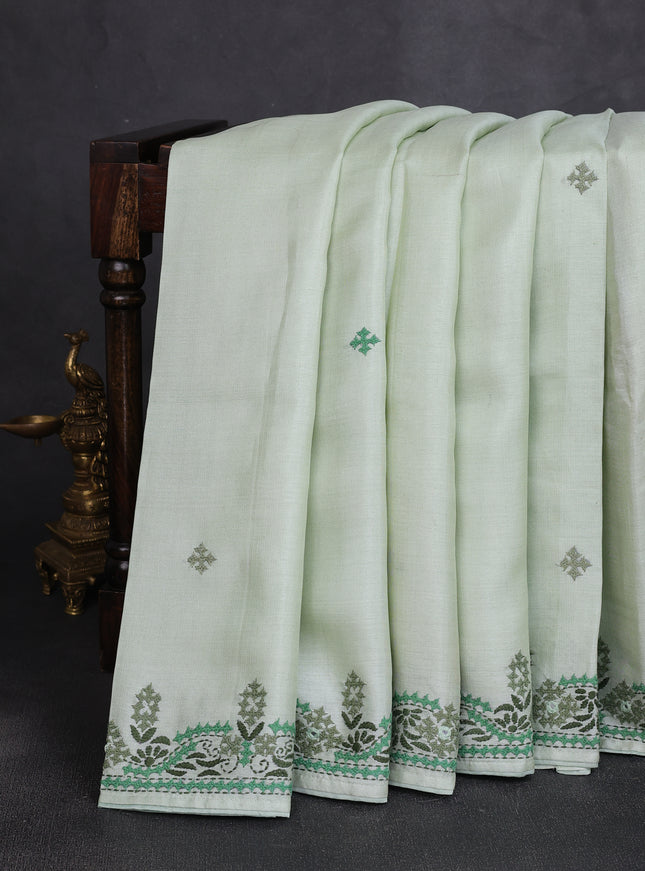 Light Green Tussar Embroidery Silk Saree