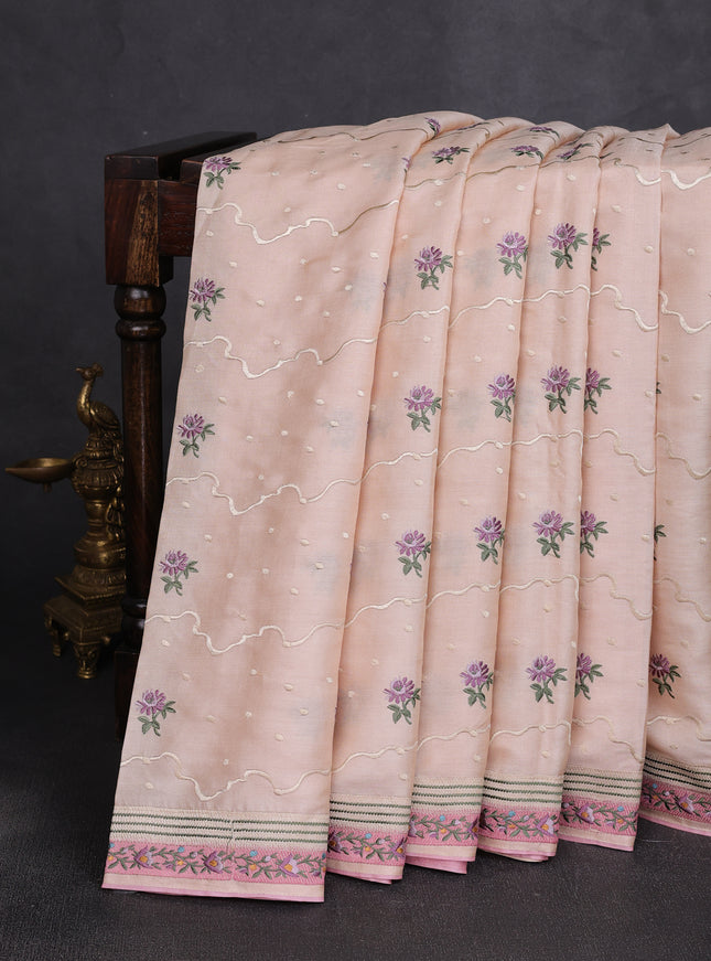 Pale Orange -Light Pink Tussar Embroidery Silk Saree
