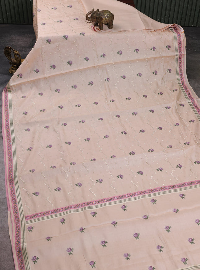 Pale Orange -Light Pink Tussar Embroidery Silk Saree