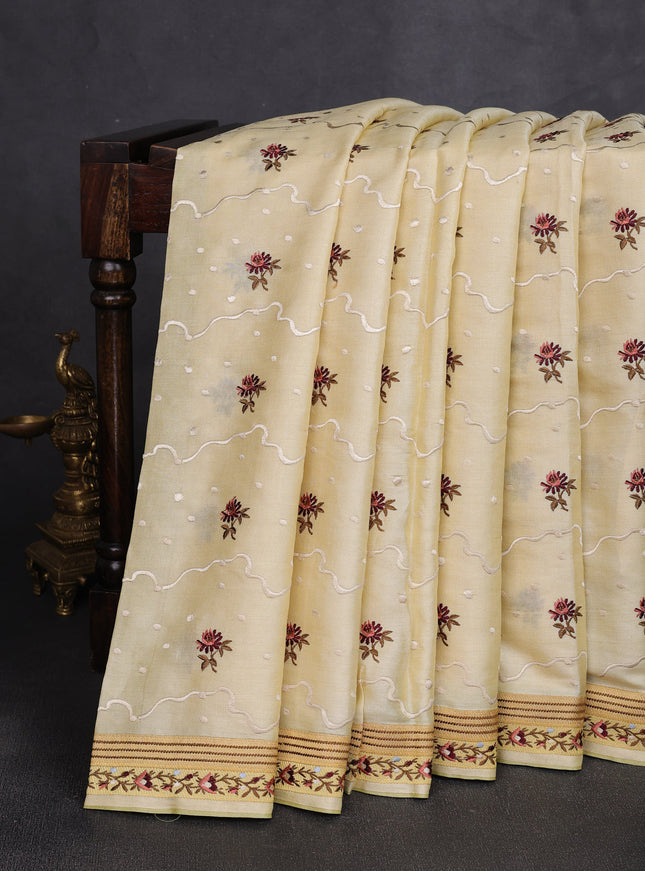 Light Yellow Tussar Embroidery Silk Saree