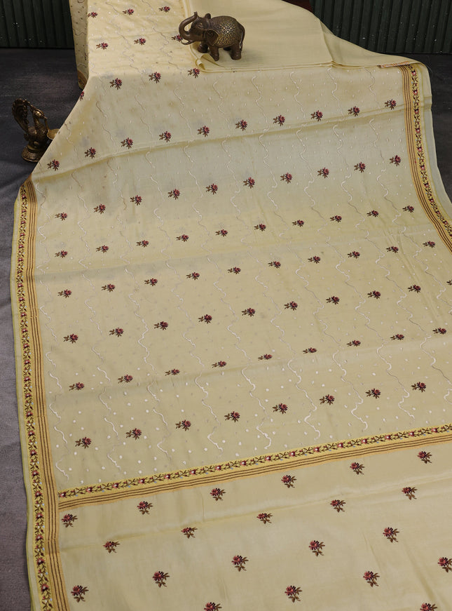 Light Yellow Tussar Embroidery Silk Saree