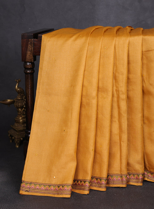 Mustard Yellow - Beige Tussar Embroidery Silk Saree