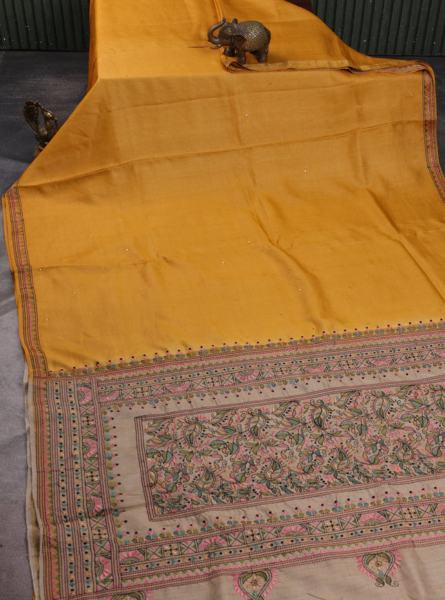 Mustard Yellow - Beige Tussar Embroidery Silk Saree