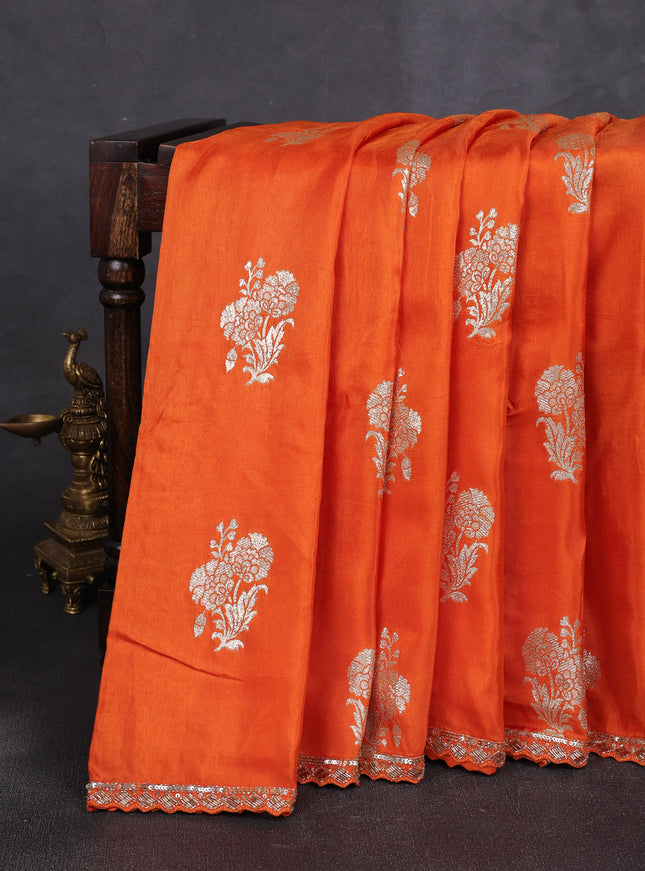 Orange Banarasi Silk Saree With Readymade Blouse