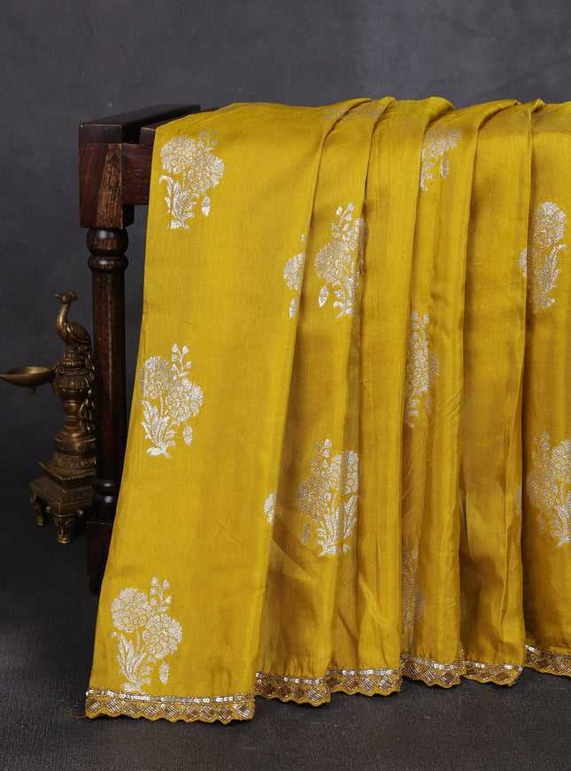 Lime Yellow Banarasi Silk Saree With Readymade Blouse