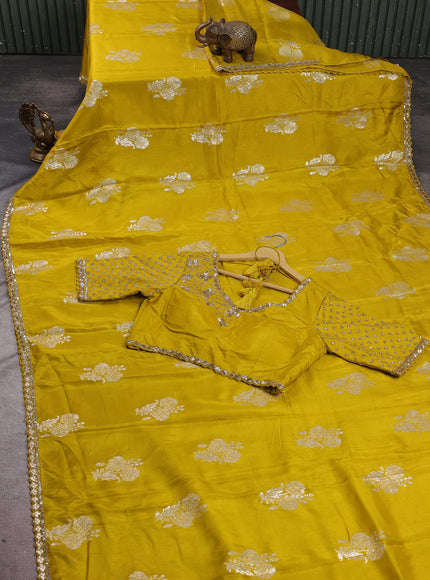 Lime Yellow Banarasi Silk Saree With Readymade Blouse