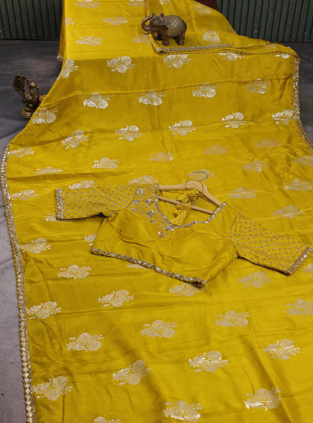 Lime Yellow Banarasi Silk Saree With Readymade Blouse
