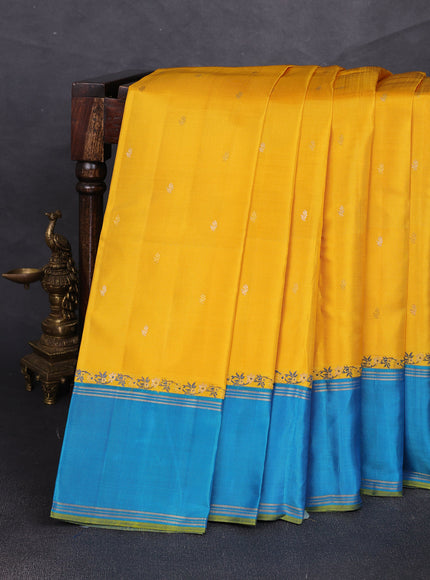 Yellow - Teal Blue Pure Kanchipuram Silk Saree