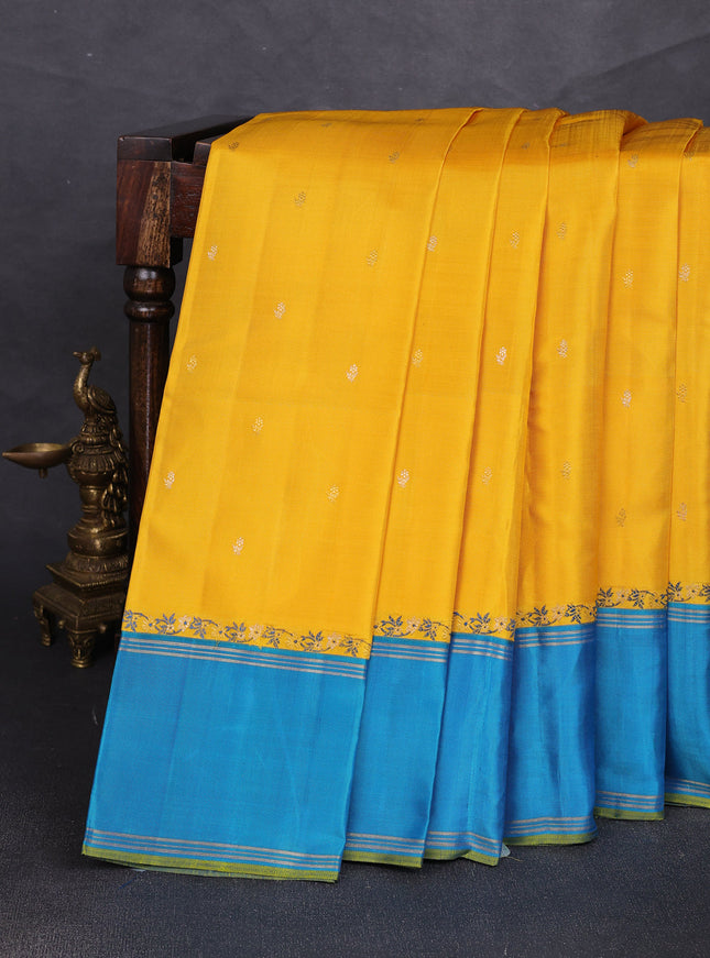 Yellow - Teal Blue Pure Kanchipuram Silk Saree