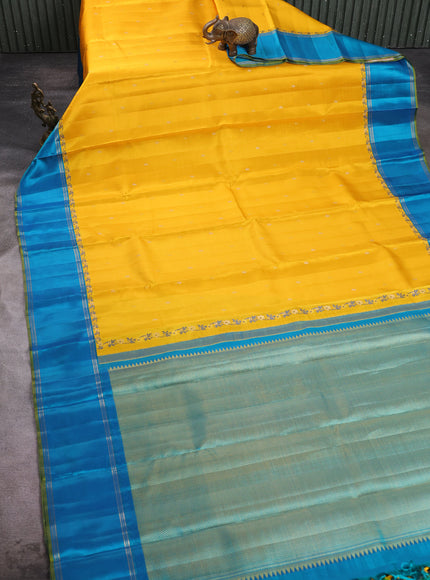 Yellow - Teal Blue Pure Kanchipuram Silk Saree